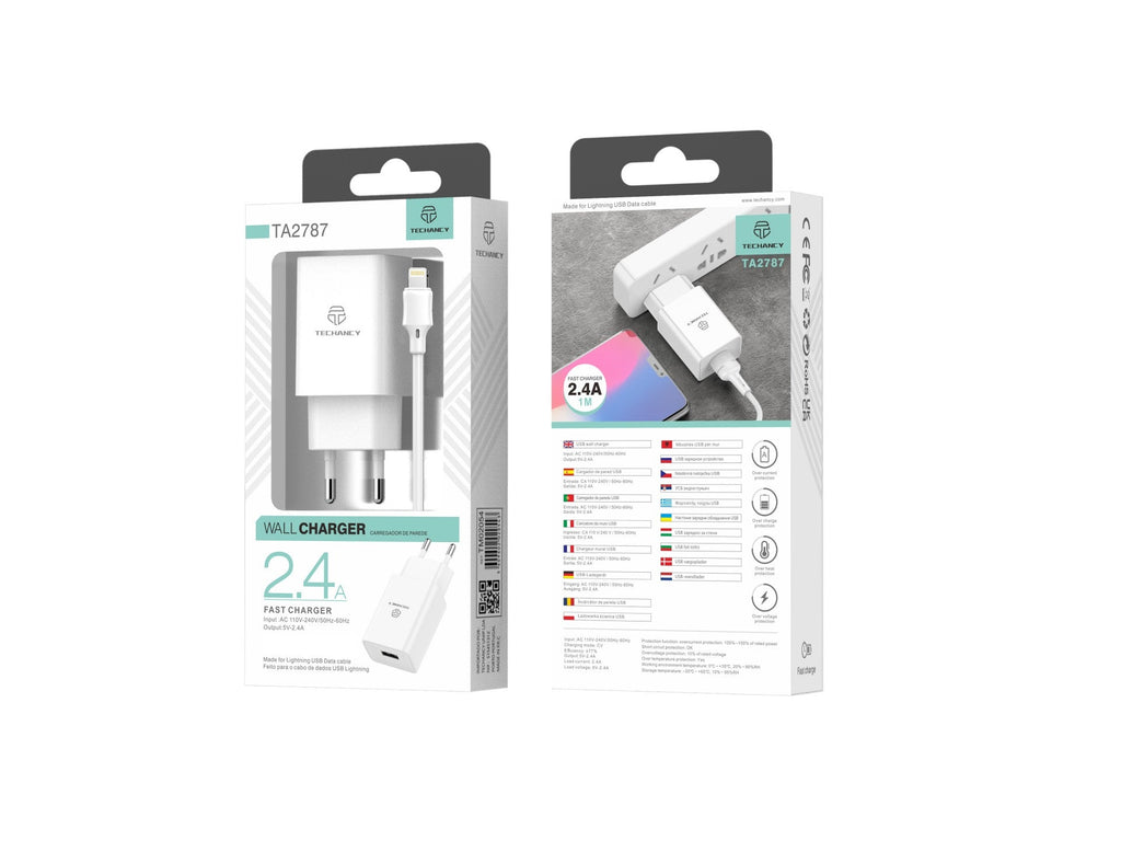 Techancy Carregador De Telemóvel Branco  TA2787, Saída Usb 5v-2.4a Carregamento, Conjunto De Carregador De Cabo Usb-Ip 1m