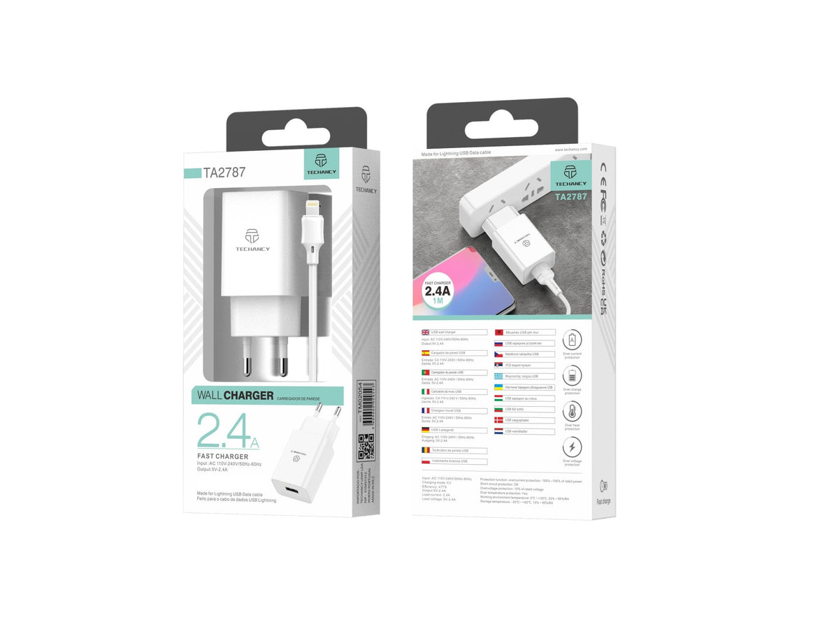 Techancy Carregador De Telemóvel Branco  TA2787, Saída Usb 5v-2.4a Carregamento, Conjunto De Carregador De Cabo Usb-Ip 1m