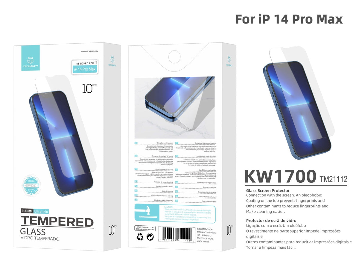 Techancy Película de Vidro Temperado  para iPhone 14 Pro Max KW1700 , 0.33MM, Anti-riscos, Alta Transparência, Fácil Aplicação