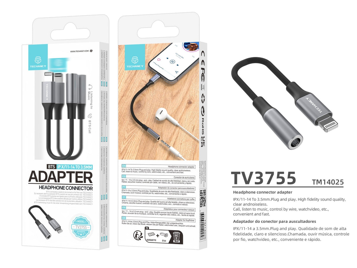 Techancy Adaptador De Áudio TV3755, Ip8-14 Para Conetor De Auscultadores De 3,5 Mm, Compatível Com Dispositivos Iphone/Ipad