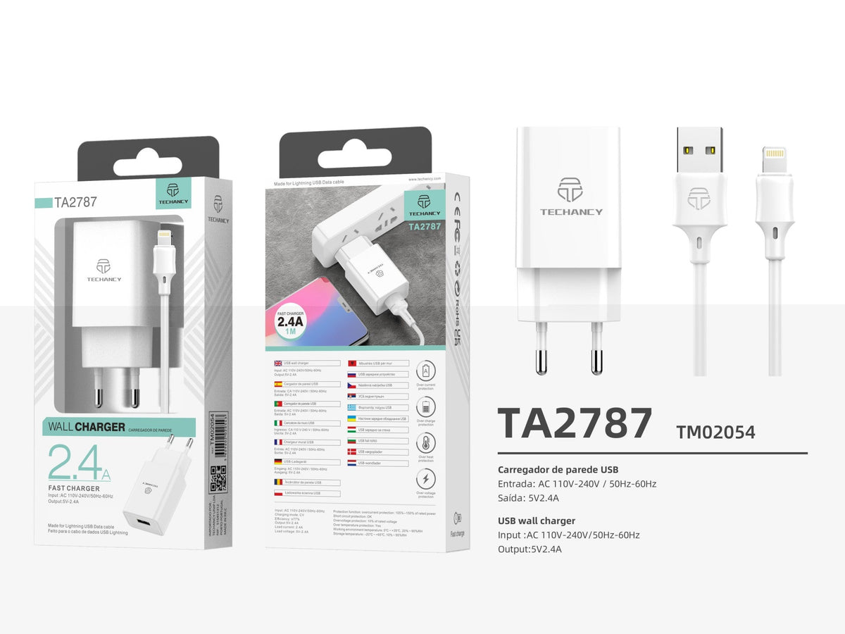 Techancy Carregador De Telemóvel Branco  TA2787, Saída Usb 5v-2.4a Carregamento, Conjunto De Carregador De Cabo Usb-Ip 1m